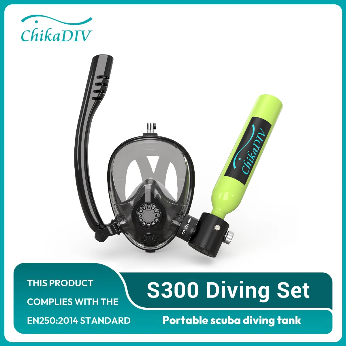 ChikaDIV 0.5L Full Face Snorkel Mask With Mini Scuba Diving Tank Set Underwater Breathing System Diving Oxygen Cylinder with Camera Mount for Snorkeling Diving Underwater Sport