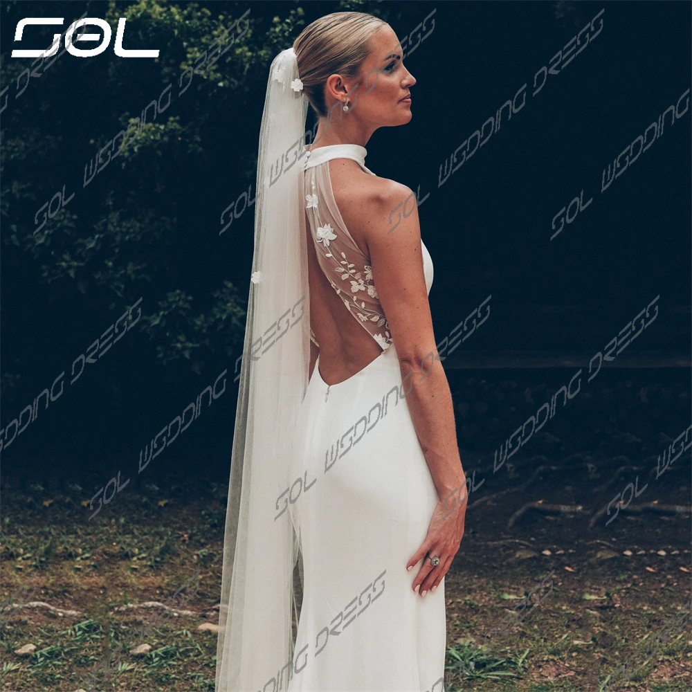 SOL-mangas de cetim vestidos de casamento, simples Halter, Sexy Back Up, Lace Mermaid, Sweep Train vestidos nupciais