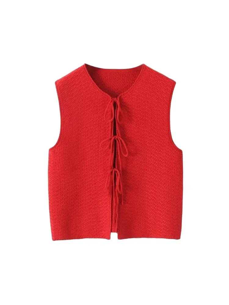 Damska dzianinowa kamizelka z wiązaniem, dekolt okrągły, sweter bez rękawów, damska kamizelka, eleganckie topy, moda