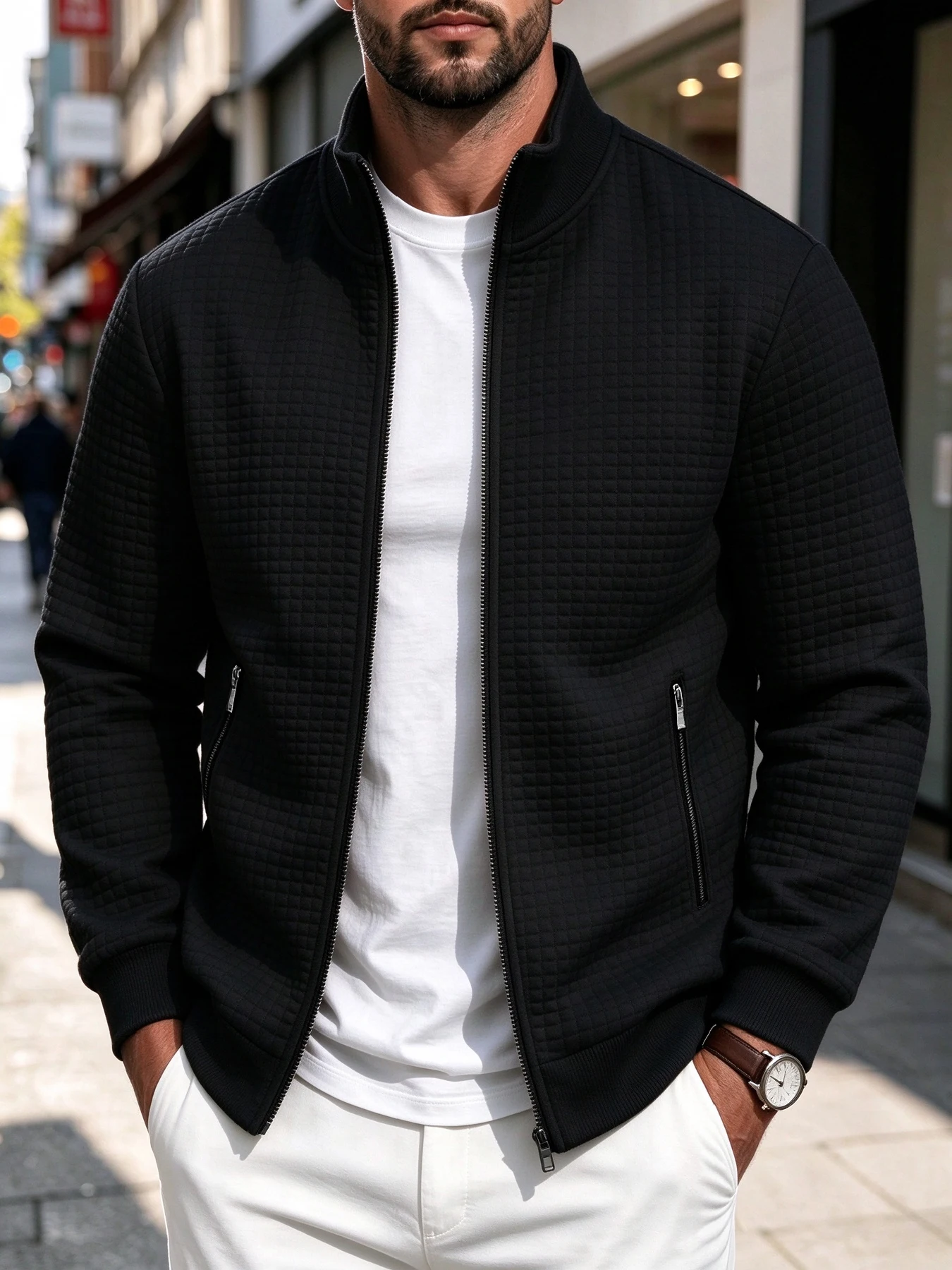 Men's Grid Stand Collar Zip Coat, Vintage Cleanfit Style, 3D Quilted Fabric with Full Zipper Placket, Ribbed Cuffs & Hem Loose F