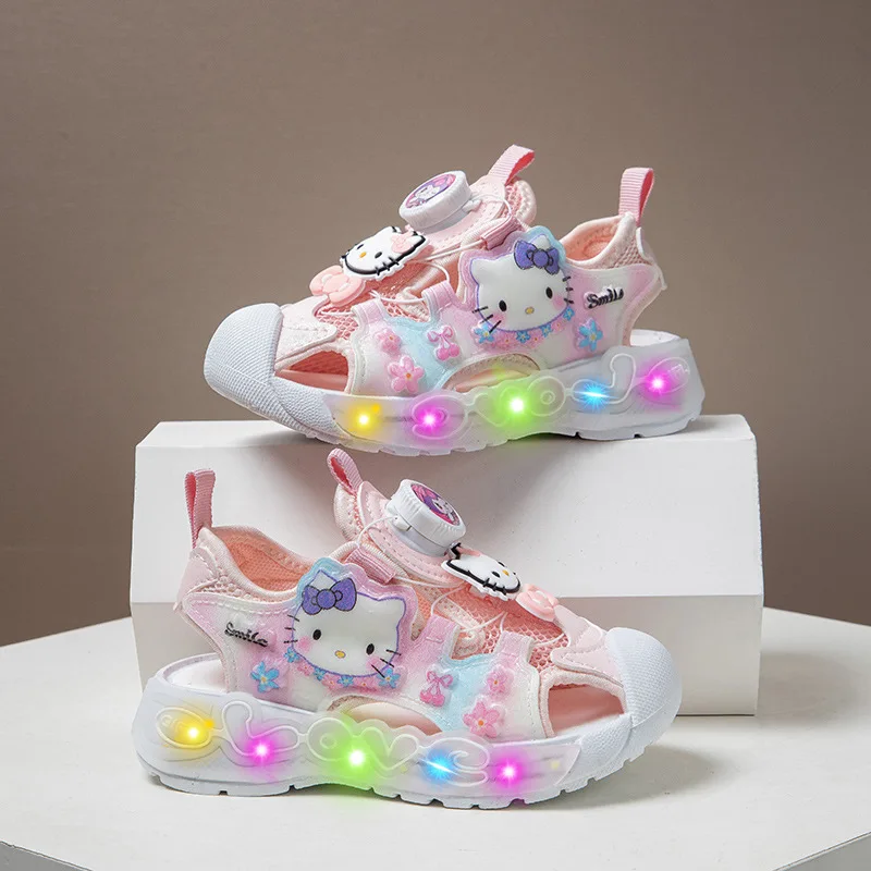 

Girls Sandals 2026 Summer New Children's Mesh Rotating Button Beach Shoes Little Girl School Luminous Shoes Tide