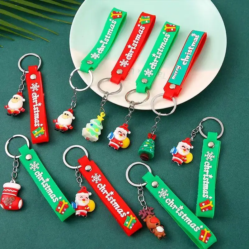 Cute Christmas Keychain Santa Claus Christmas Tree PVC Key Ring Bag Car Pendant Xmas Party Favor Kids Kindergarten Prize Holiday