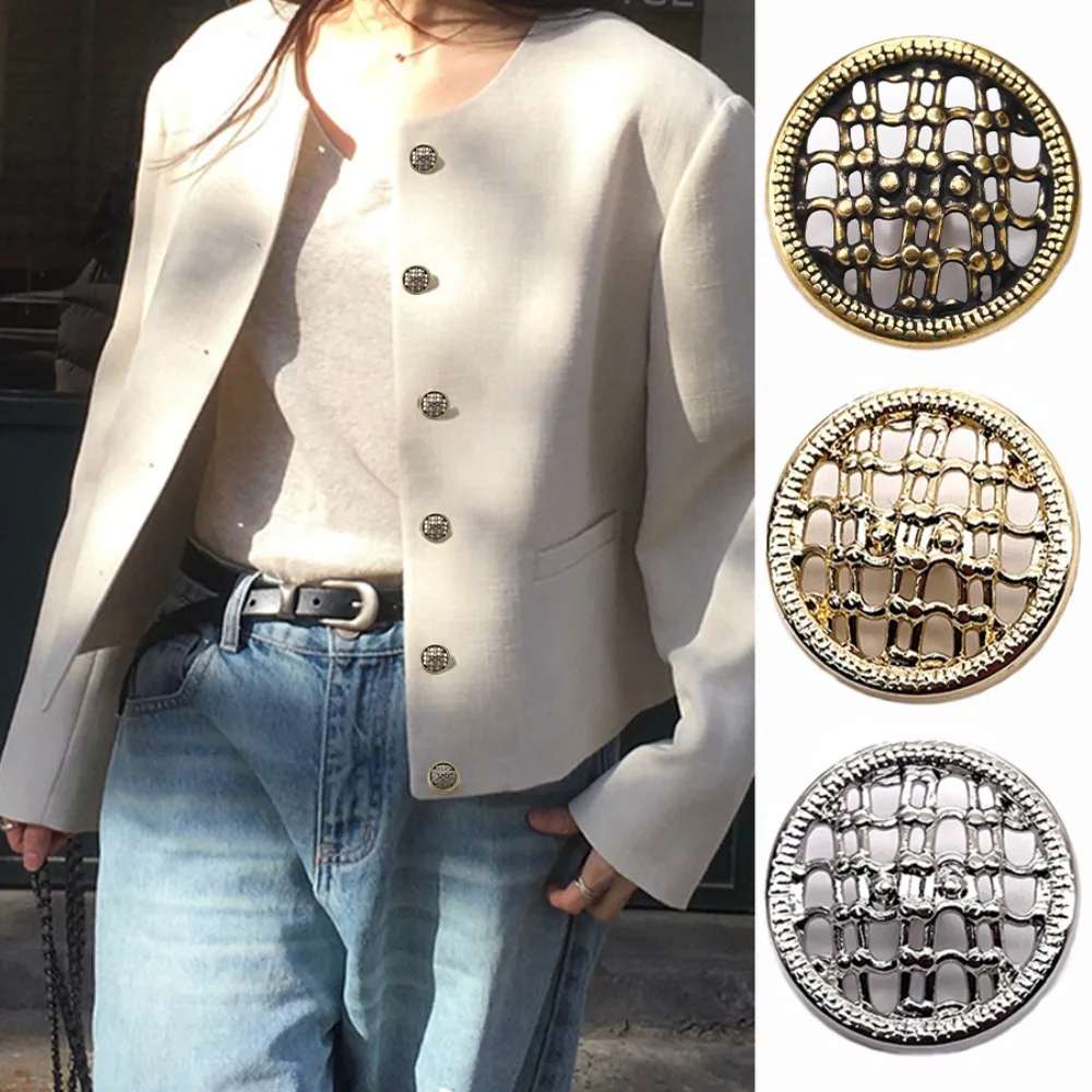 FCXDG 10 Pieces 18/23mm Classic Fashion Grid Hollow Round Metal Buttons Suit Tweed Jacket Coat Vintage Decorative Buttons