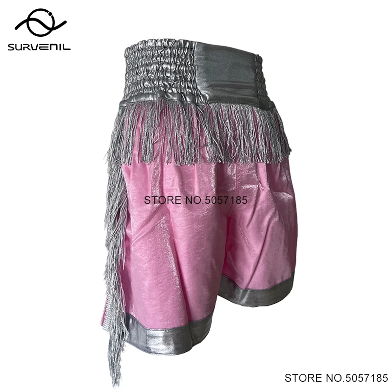 

Fight Kickboxing Shorts Pink Muay Thai Shorts Gym Martial Arts Grappling Training Clothes Tassels Boxing Shorts Women Men Kids