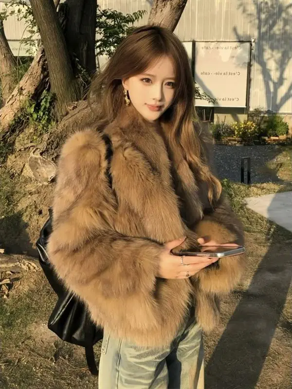 

Brown Eco-Friendly Fur Coat Women's Winter ort Retro High-End Feeling Plu Upper Apparel Asymmetrical V-ne Long Sve