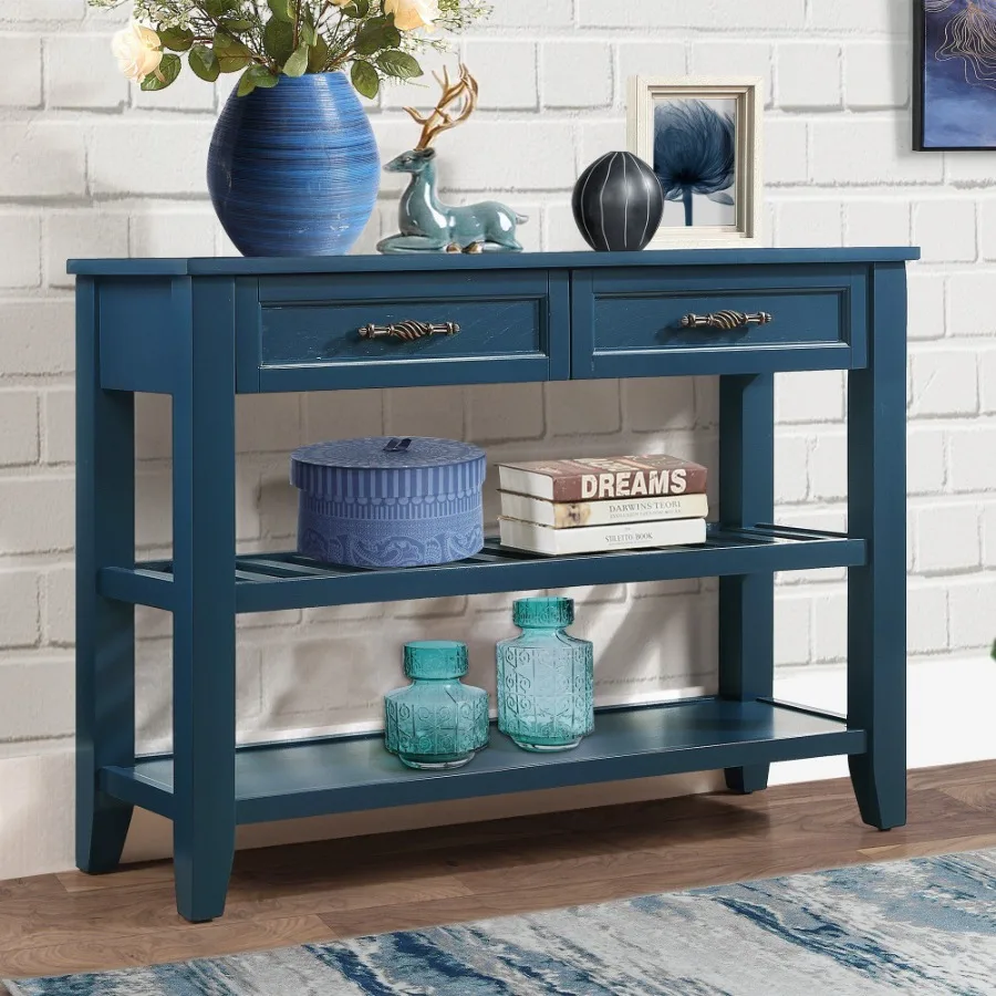 

Console Sofa Table with 2 Storage Drawers and 2 Tiers Shelves MidCentury Style 42'' Solid Wood Buffet Sideboard for Living Room