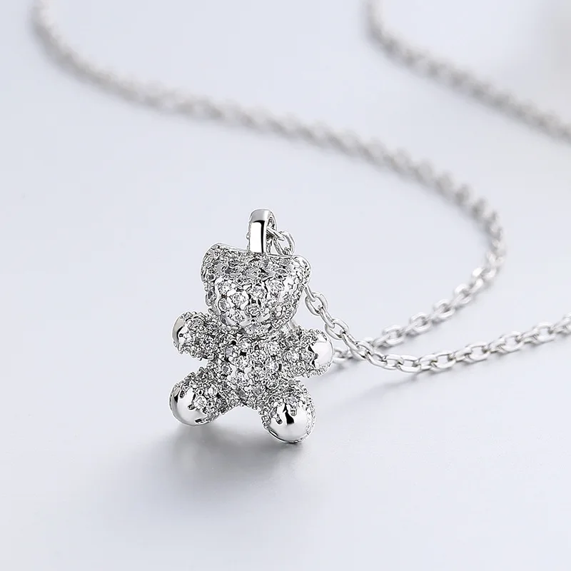 KOFSAC Cute Zircon Bear Pendant Necklaces for women S925 Silver Jewelry Neck Chain Choker Birthday Present Gift for Girl
