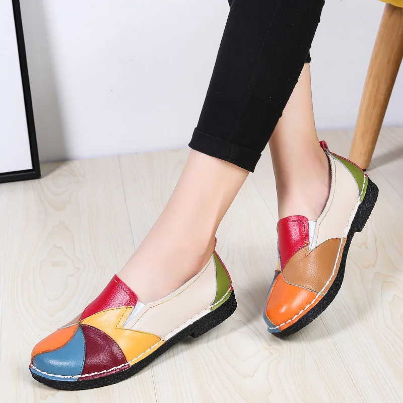 Retro Thick Heel Soft Sole Leather Shoes Autumn New Ethnic Style Large Size Women Shoes Second Layer Cowhide Color Matching