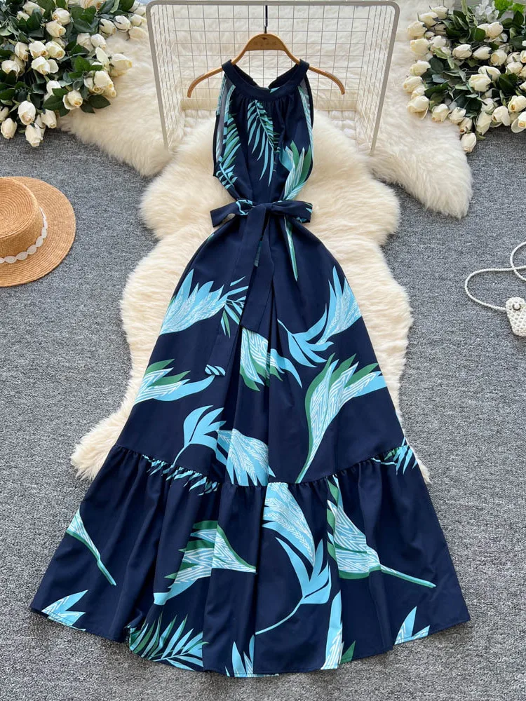 Boho-Damen-Sommerkleid mit Neckholder, Blumendruck, Bandage, Maxi-langes Kleid, lässig, Rüschen, Vestidos, schick, 2025, elegantes Strand-Urlaubskleid