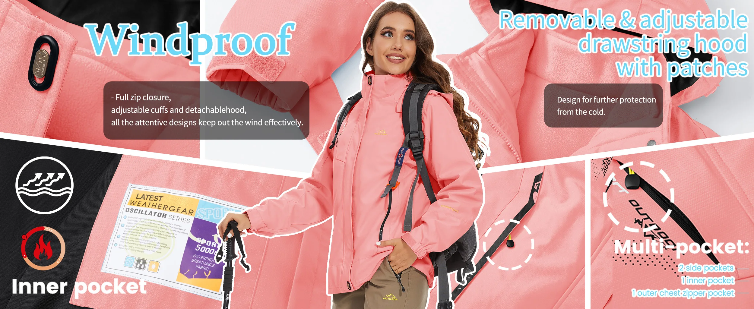 TACVASEN Womens 3 in 1 Winter Fleece Jacket Waterproof Ski Snowboard Jackets Work Rain Coat Outdoor Windbreaker Female Parka