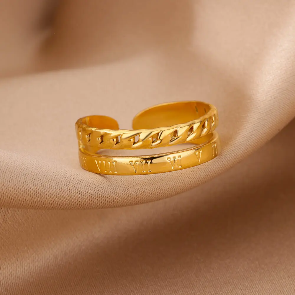 Gold color Double Chain Stainless Steel Open Rings for Women  Classic Adjustable Couple Ring Female Fashion Jewelry Accessories