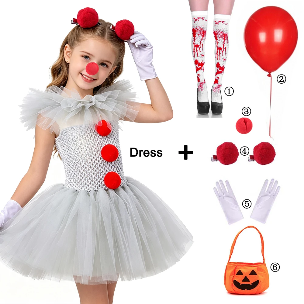 2026 Girls Horrible Clown Costume Kids Scary Joker Children Cosplay Carnival Party Girls Dress Halloween Dress Up