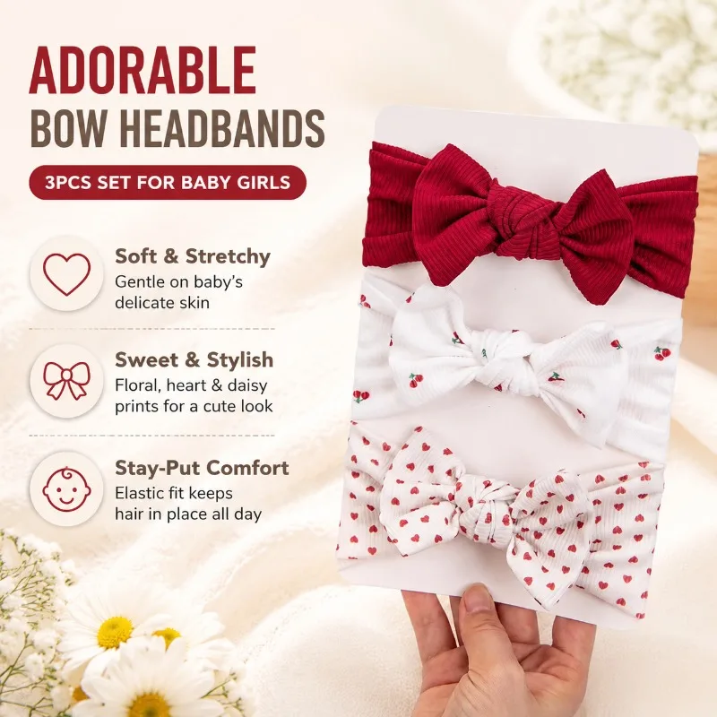 3Pcs Baby Girl Ribbed Headbands with Floral Red Heart Daisy Print Bows, Elastic Hair Bands for Toddlers Vintage Hair Accessories