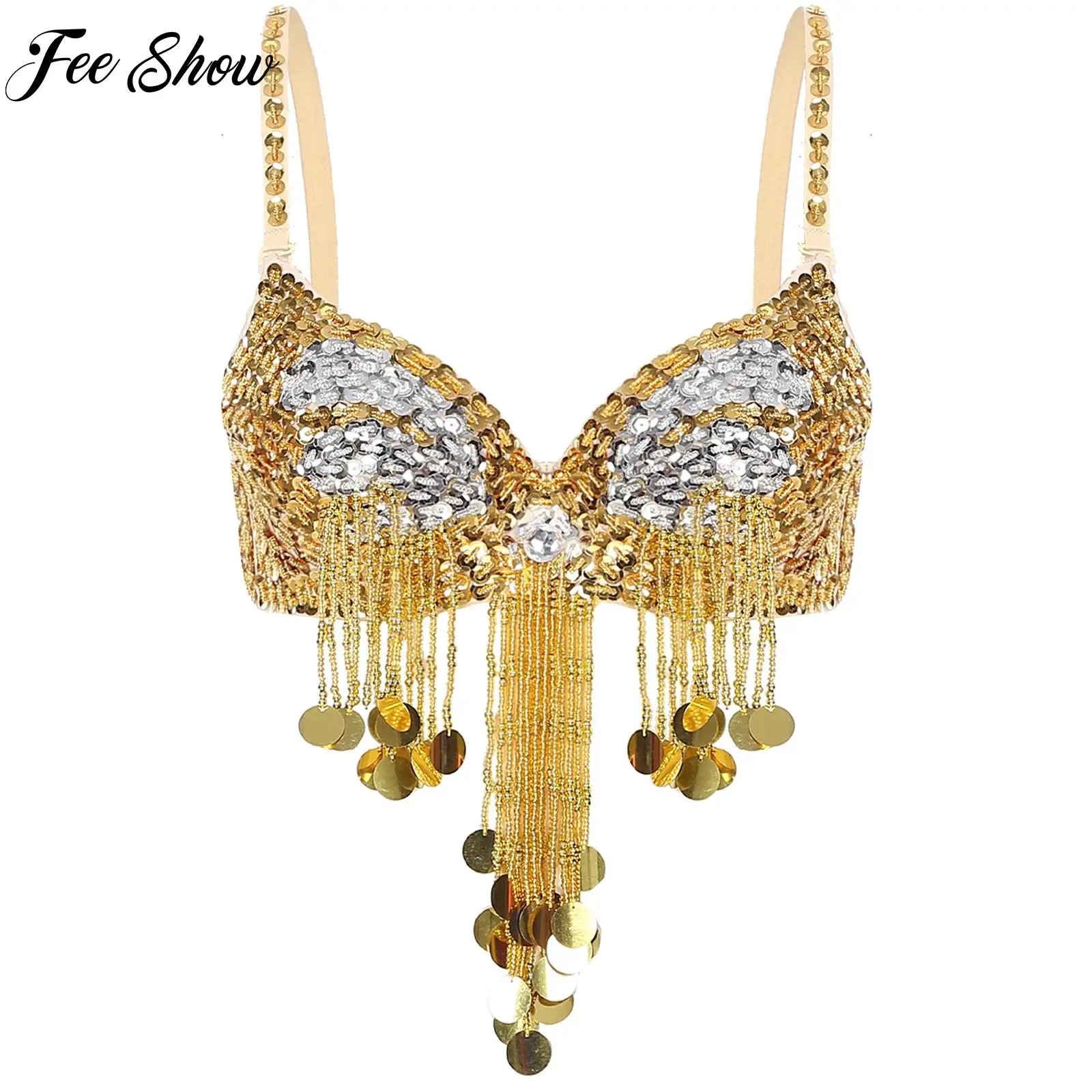 

Sexy Women Belly Dancing Performance Costume Adjustable Straps Shiny Sequins Plastic Beaded Tassels Underwired Carnival Bra Tops