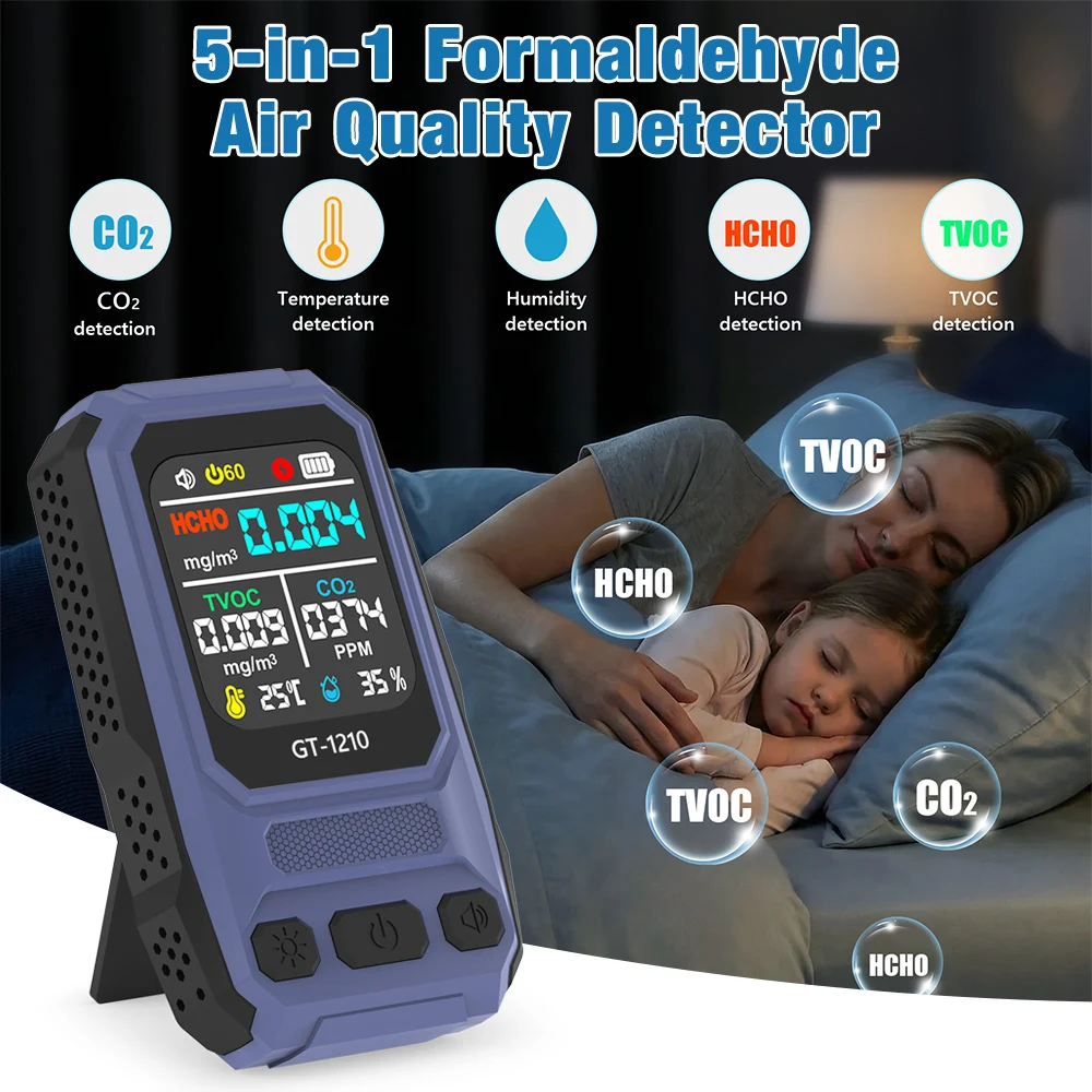 5 In 1 Formaldehyde Air Quality Monitor Multifunctional Gas Analyzer CO2 HCHO TVOC Temp Humidity Detector Carbon Dioxide Meter