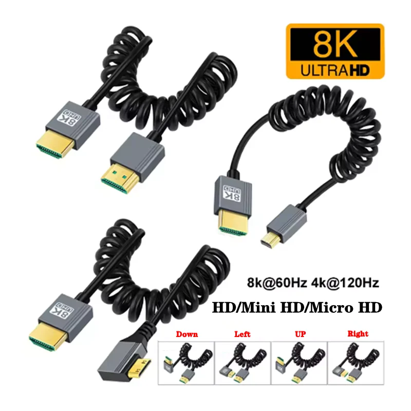 1m Portable 8K UHD Coiled Cable Mini/Micro HDMI-compatible Stretch Spring Cord for PC Laptop Tablet Camera DV Monitor HDTV