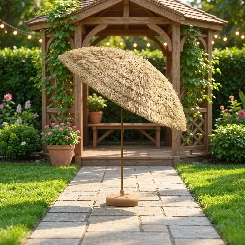 Foldable Tilt Simulation Straw Sun Umbrella Rattan Look Patio Shade for Courtyard Villa Garden Cafe Outdoor Decor