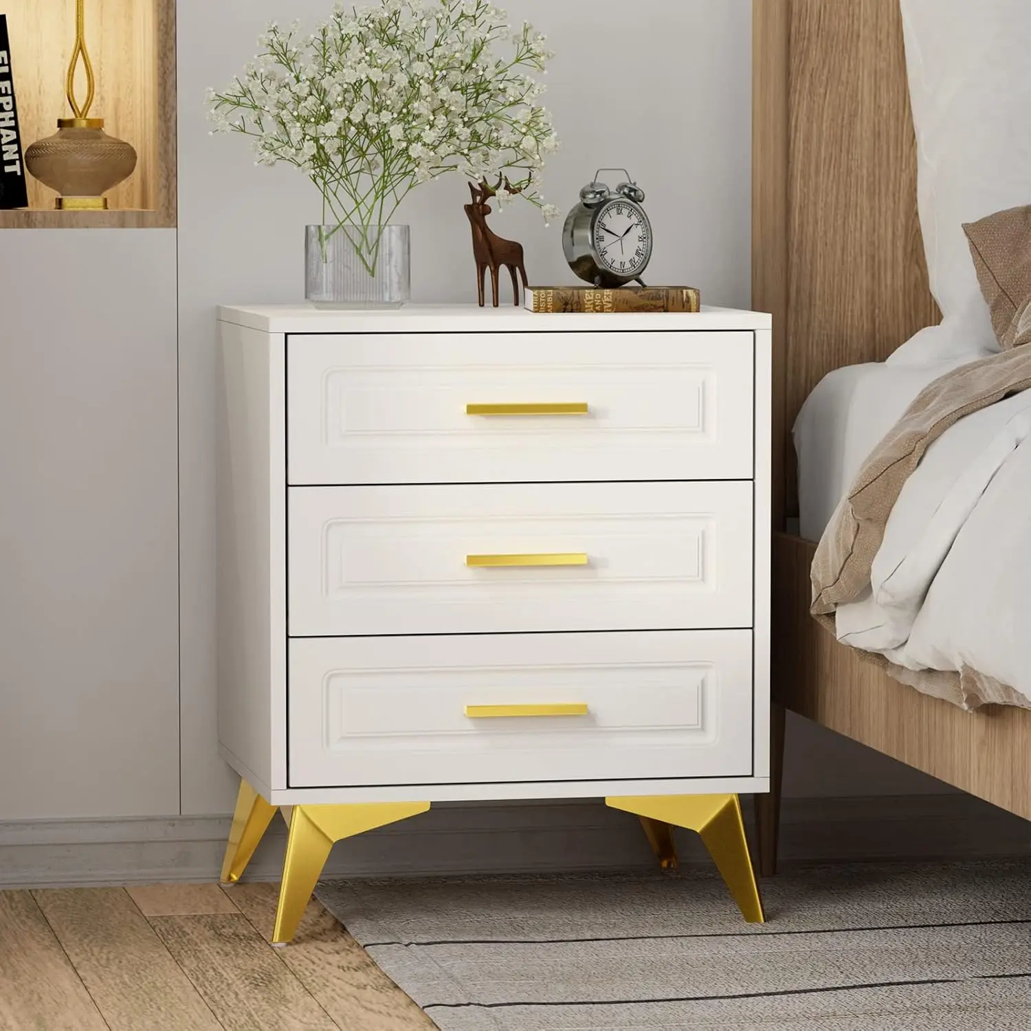 

Nightstand with 3 Drawers, Modern Night Stand with Gold Solid Metal Legs & Handles, Wood Bedside Table, Sofa End Side Table