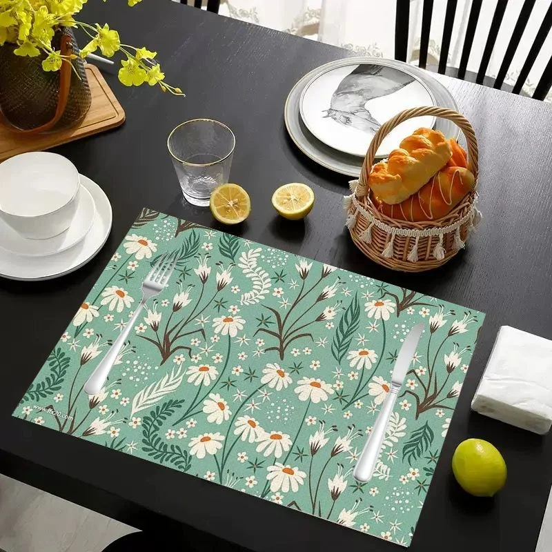 VIKAMA Placemat Green White Daisies Print, Waterproof Oil-Proof Heat-Resistant Woven Dining Table Mat for Home