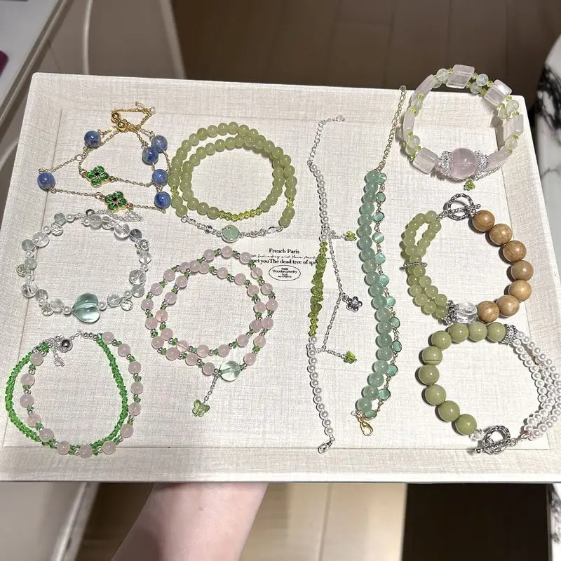 Natural Crystal Bracelet Women Double Strand Layered Stacked Beaded Bracelets Stone Chips Pearl Wood Beads Silver Tone Dainty