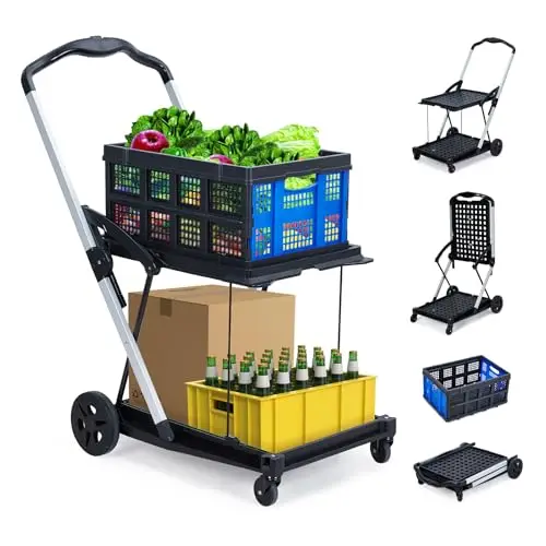 Heavy Duty 2-Tier Collapsible Garden Cart – Lightweight Aluminum-PP Frame – 360° Swivel Wheels – Removable Crate for