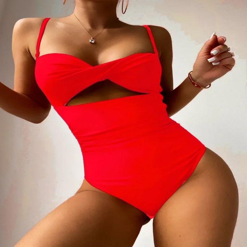 2024 Bikini Women's One-piece High Waist Swimsuit Sexy Sling Backless Bikini Solid Hollow Back Buckle SwimsuitsThong Bikini