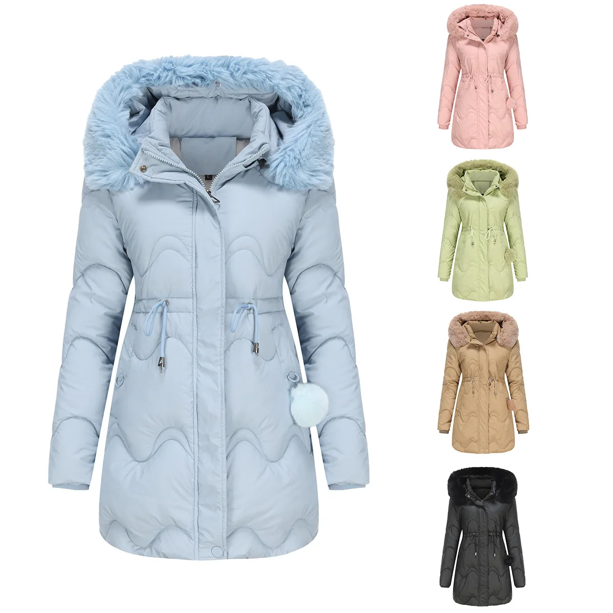 

2025 New Winter Women's Padded Jacket Female Long Hooded Fur Collor Warm Jacket Women Pure Color Thicken Warm Cotton Jacket