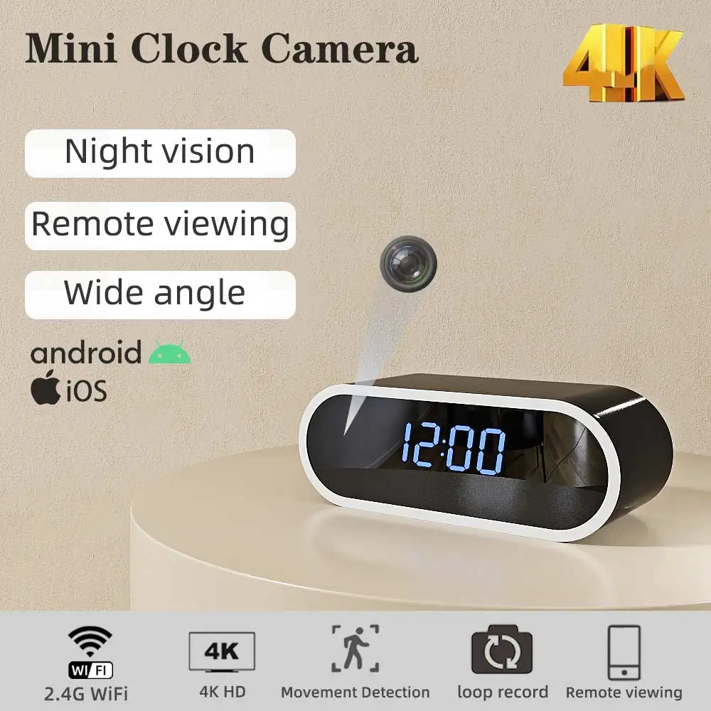 

Upgrade high-definition 4K WiFi clock camera, Infrared night vision, Motion detection,Remote viewing,Home monitoring mini camera