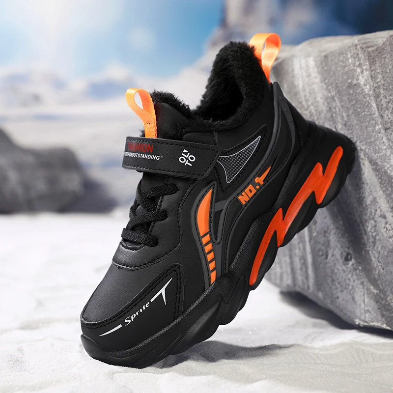 Fashion Winter Boys Girls Leather Cotton Sports Running Shoes Kids Students Keep Warm Walking Casual Sneakers for Teenagers