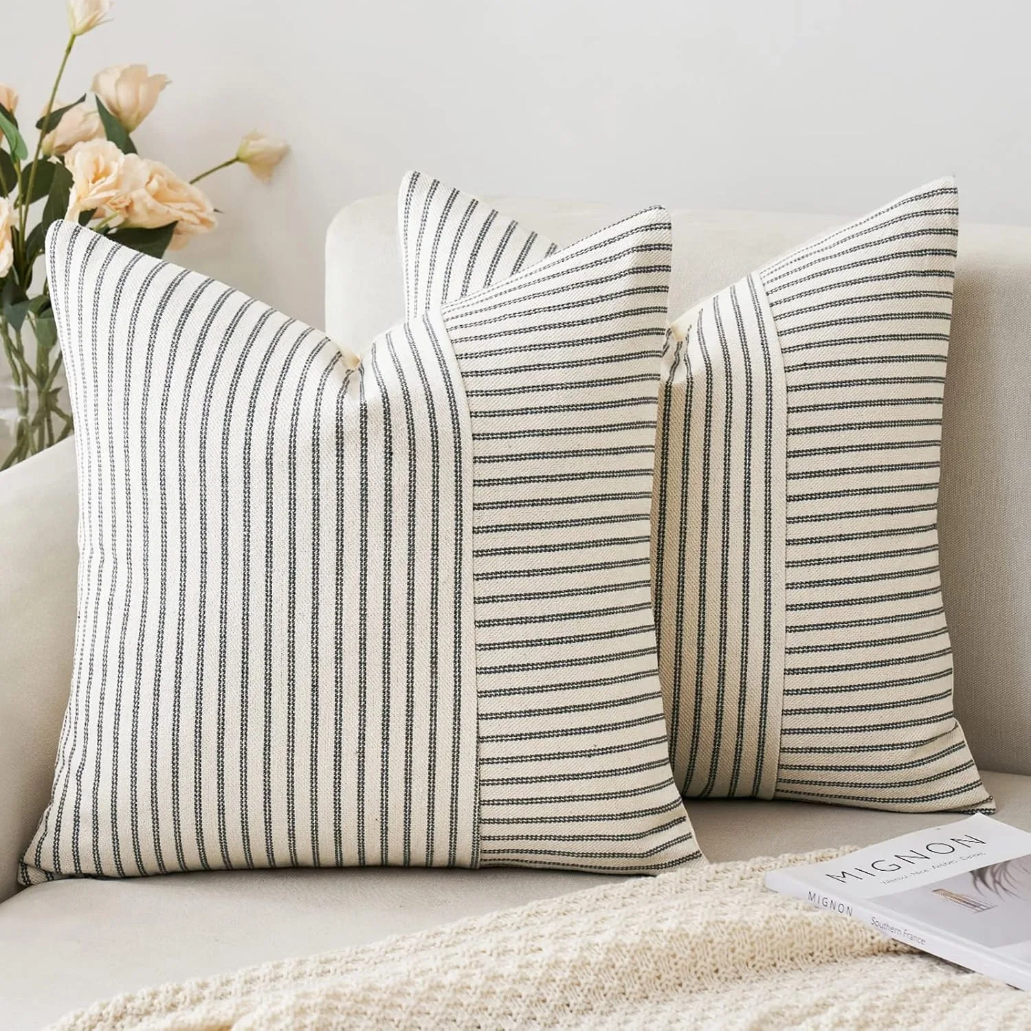 Schwarz-beige Patchwork-Kissenbezüge, 45,7 x 45,7 cm, gestreiftes Leinen, dekorativer Kissenbezug mit modernem Akzent für Sofa, Couch, Schlafzimmer