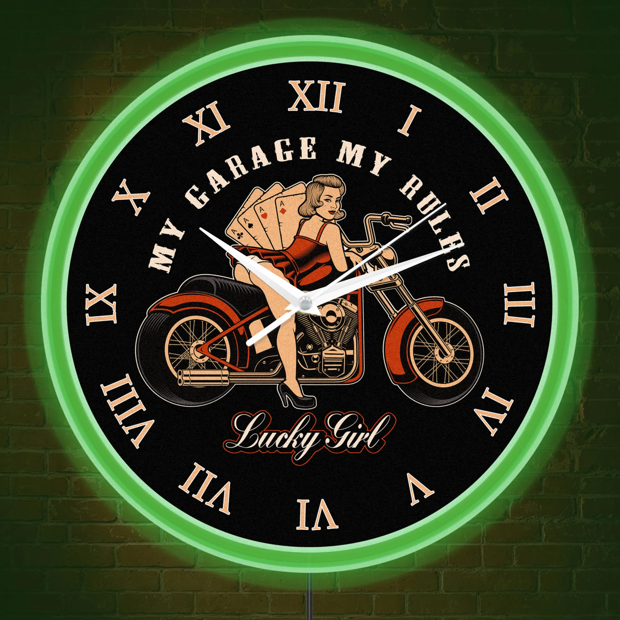 My Garage My Rules Motorcycle Pinup Girl LED Neon Wall Clock Garage Workshop Illuminated Sign LED Night Light Clock Bikers Gift