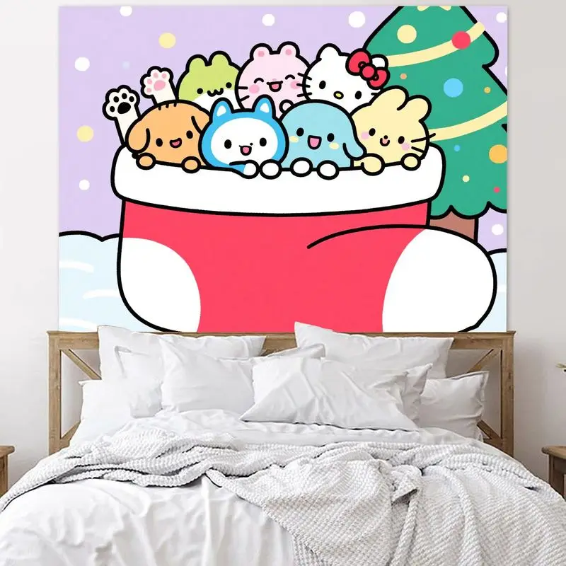 1PC 헬로 키티 & 친구 Kawaii 크리스마스 스타킹 태피스트리 휴일 벽 예술 귀여운 만화 폴리 에스터 홈 장식 거실 침실