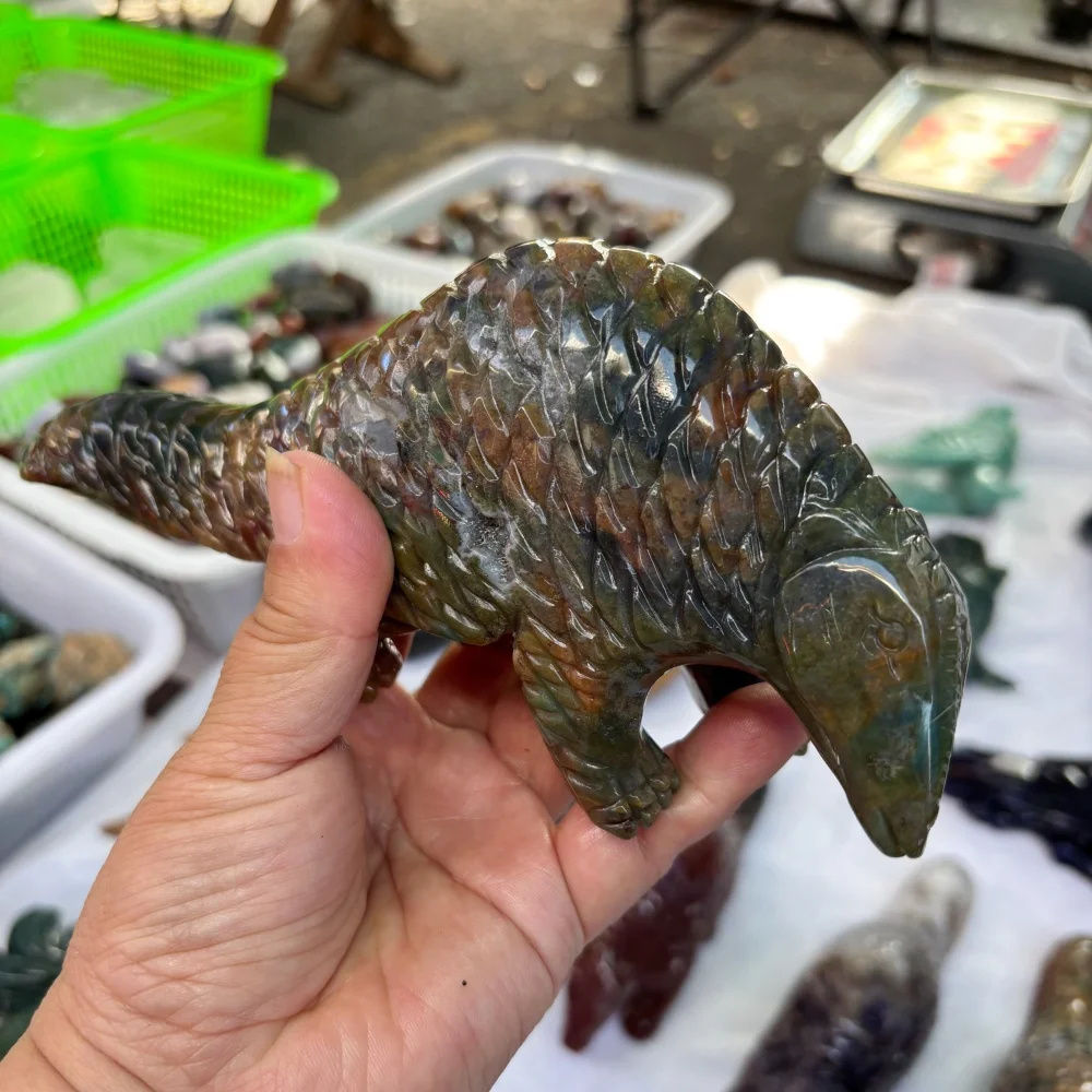 Natural Ocean Jasper Hand Carved Pangolin Figurine, Gemstone Animal Sculpture, Crystal Collection, Home Desktop Decor Ornament