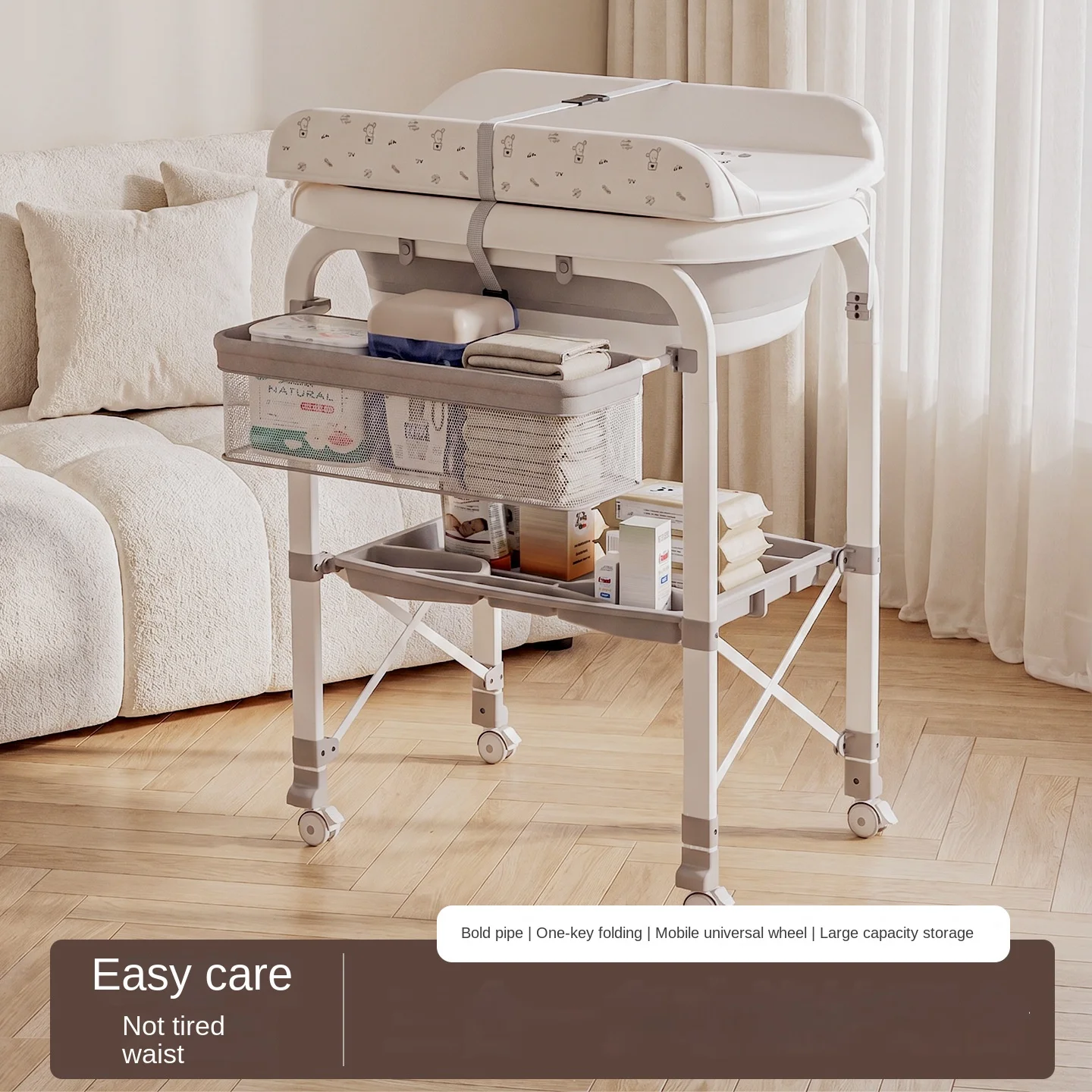 3-in-1 Baby Changing Table with Temperature-Sensing Bath Tub, Foldable, Storage Basket, Reinforced Weight Capacity, with Wheels
