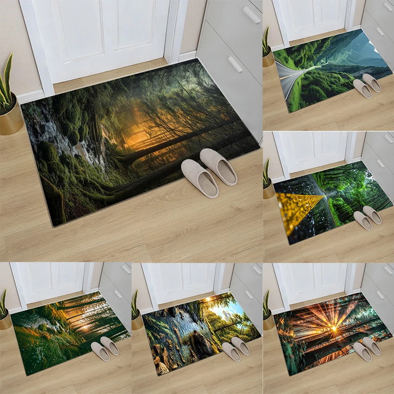 Fußmatte mit natürlichem Landschaftsmuster, Waldstrom, Bergstraße, Designs, Sonnenlichteffekte, rutschfeste Bodenmatte für die Dekoration Ihres Zuhauses