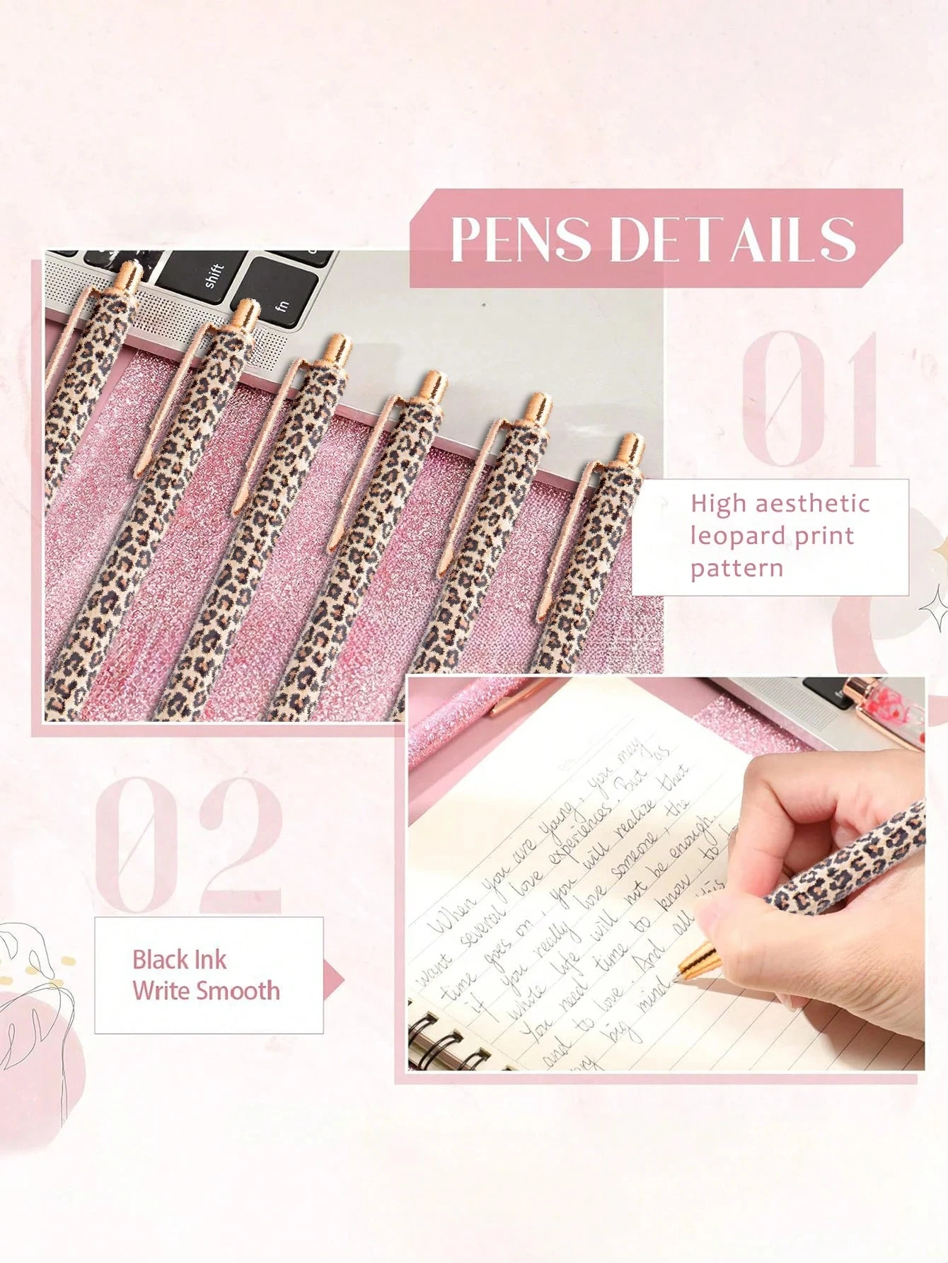 6pcs Leopard Print Retractable Ballpoint Pens – Stylish 1.0Mm Smooth Writing Office Stationery Set, Black Ink, No Cap