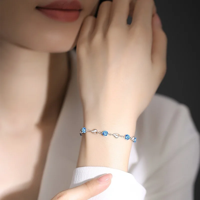 925 Sterling Silver Heart Shaped Bracelet for Women Vintage Korean Versatile Blue Crystal Charm Bracelets Original Party Jewelry