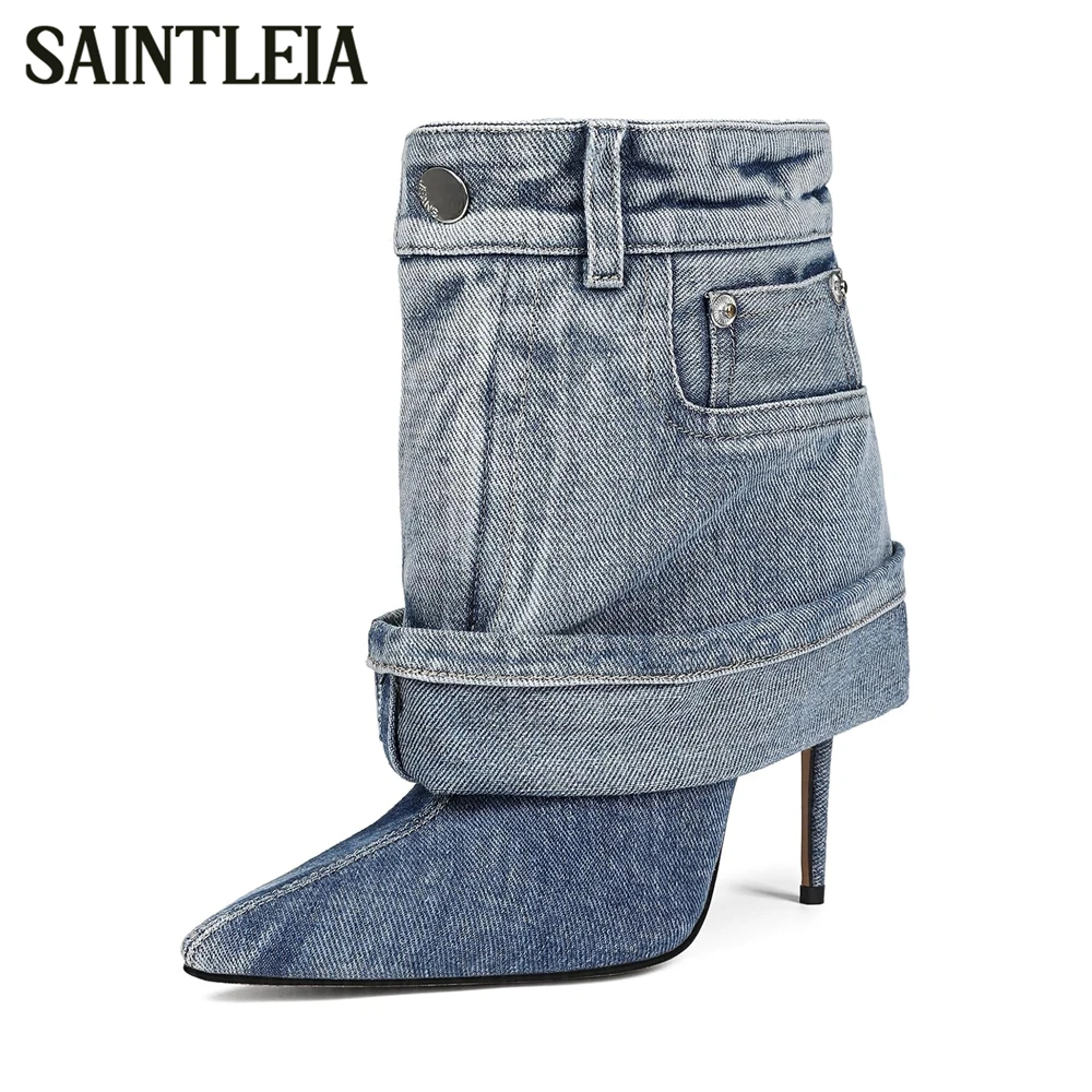 

Pull up Pointed Toe Stiletto Boots Western Cowboy Handmade Boots Jeans Novelty Designer Style Boots for Women Black Blue Denim