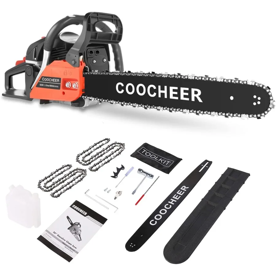 

20-дюймовая газовая бензопила, 62 куб.см, бензопилы, 3,5 л.с., 2-тактная бензиновая ручная бензиновая цепная пила для резки дерева, 2 цепи