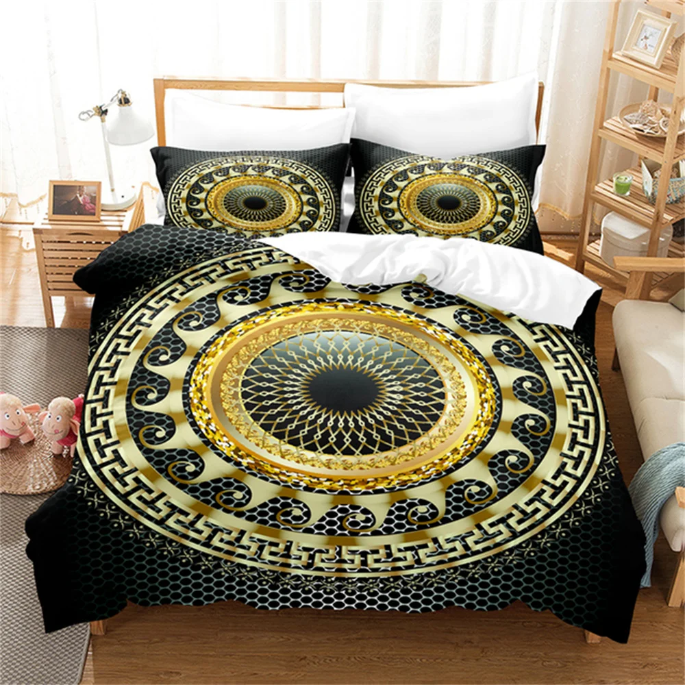 

3D Luxury Black Gold Bedding Sets New Greek Key Meander Duvet Cover Sets Bed Linens Queen King Size Modern Geometric Bedspread