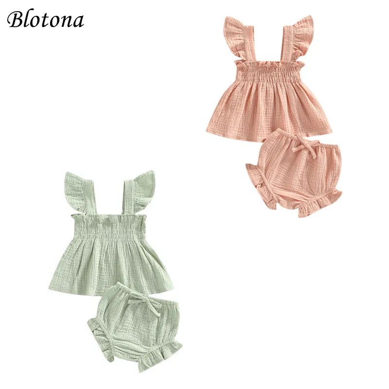 Blotona Toddler Baby Girl 2Pcs Summer Set Solid Color Square Neck Fly Sleeve Tops+ Ruffle Short Pants 0-3Years