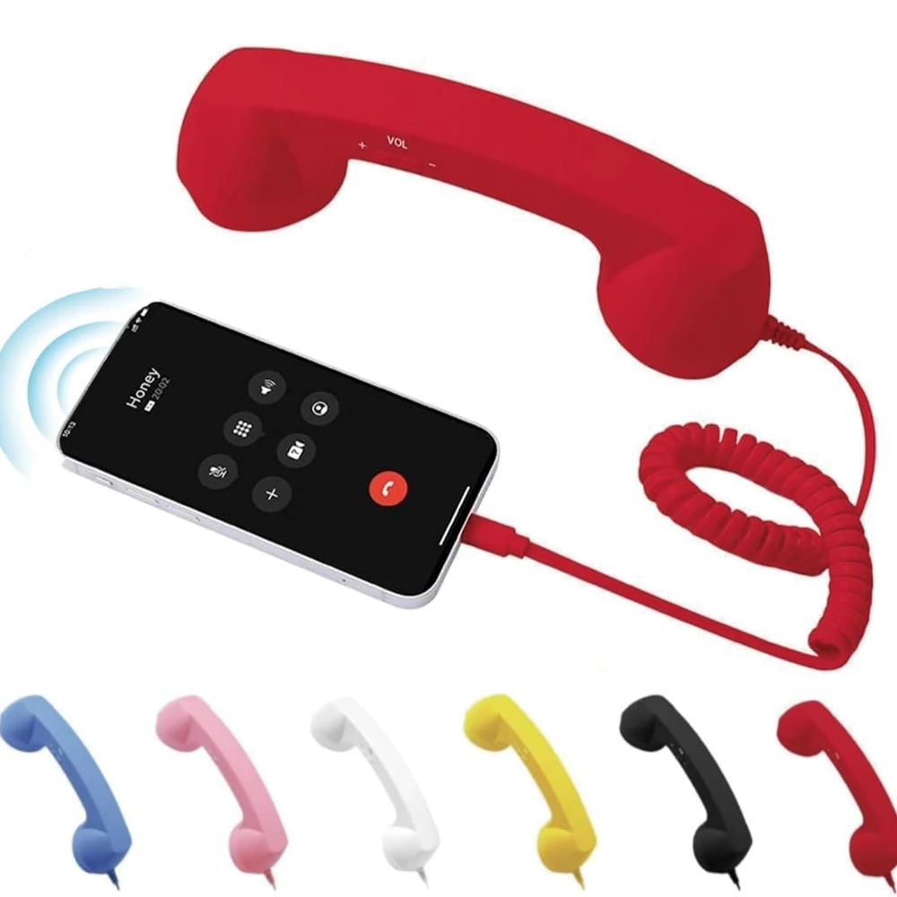 Récepteur de téléphone portable filaire de type C/35 mm, style rétro vintage, avec haut-parleur et microphone intégrés pour les appels.