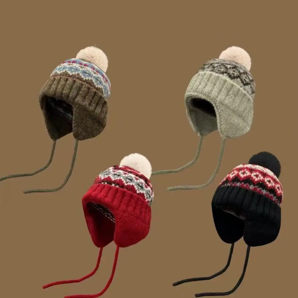 Теплая жаккардовая вязаная шапка в стиле ретро, шерстяная винтажная шапка в стиле Fair Isle, милая шапка с принтом для защиты ушей, аксессуары для одежды