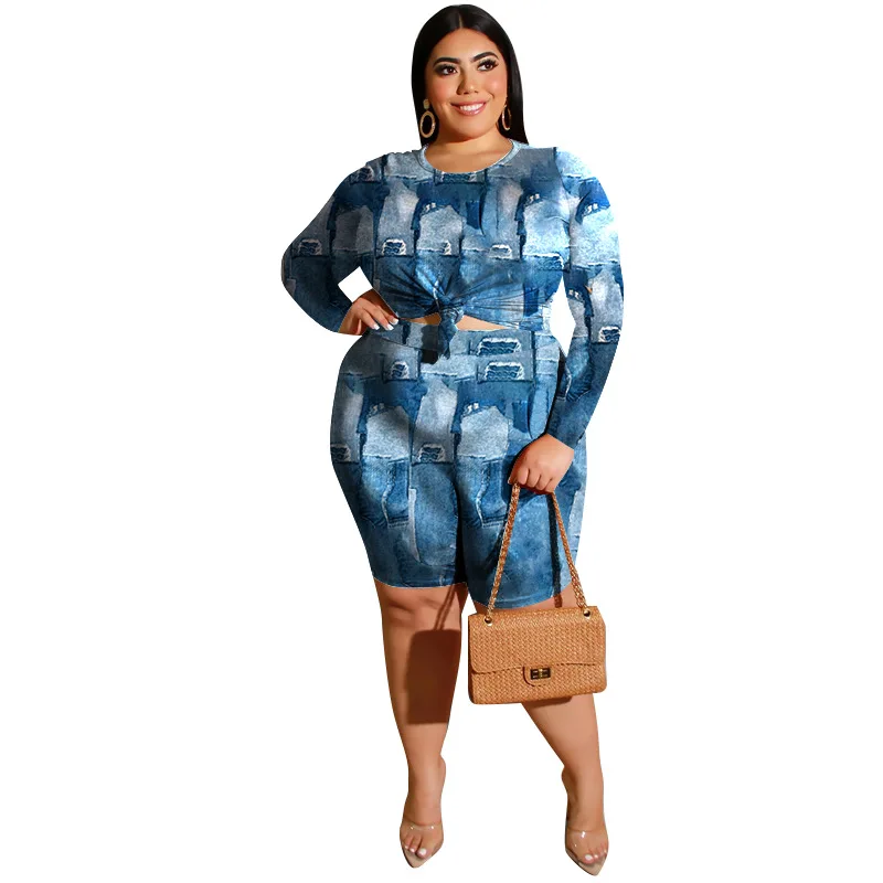 Wmstar Plus Size Women Clothes 2 Pcs Printing High Waist Great Stretch Long Sleeve Shorts Fashion Casual Two Piece Set Wholesale