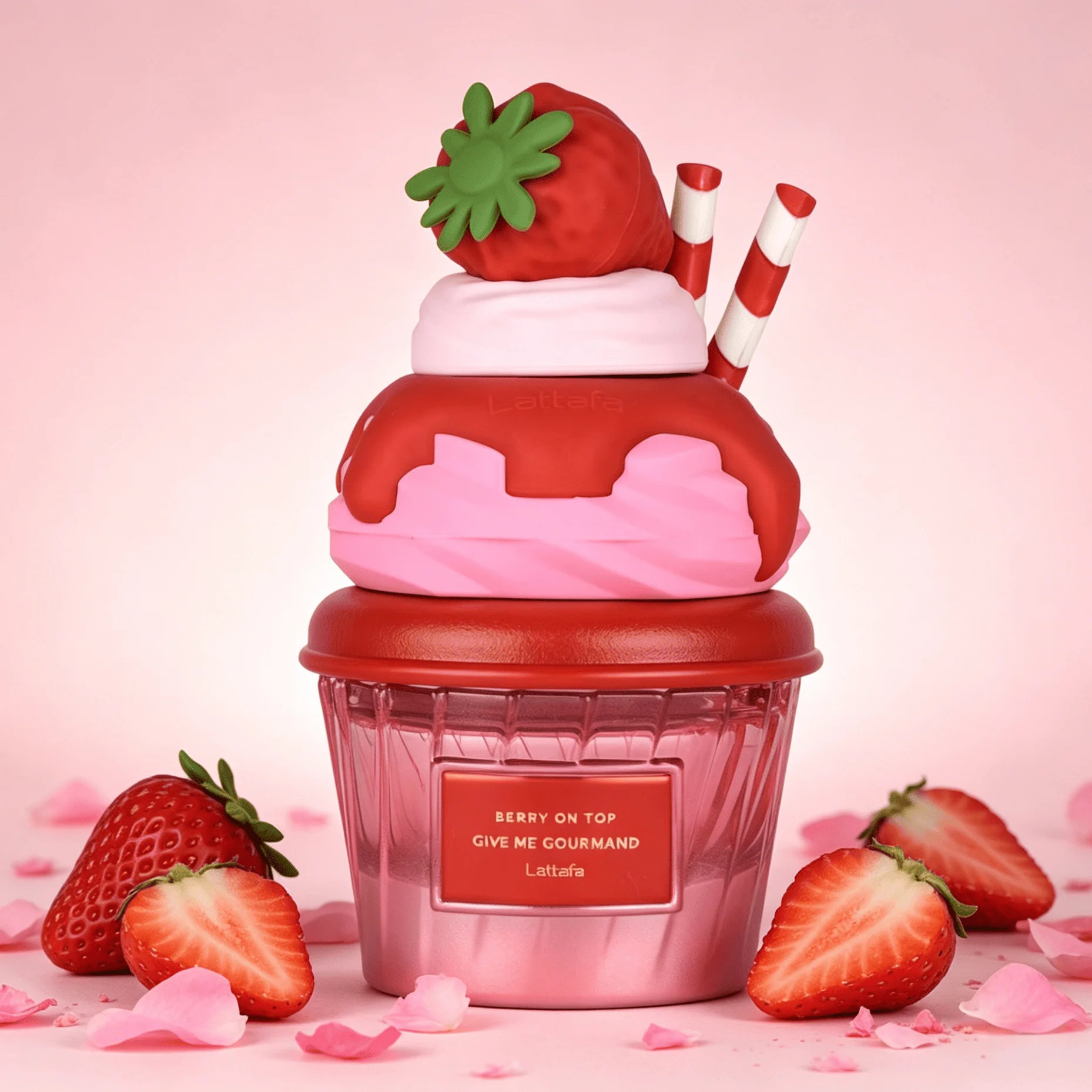 YARA LATTAFA Berry On Top Give Me Gourmand Eau de Parfum 100ML Long Lasting Sweet Juicy Strawberry Milky Cream Dessert Fragrance Women Perfume Cute 3D Strawberry Whipped Cream Cup Bottle Fruity Gourmand Scent Birthday Holiday Gift for Ladies view 3