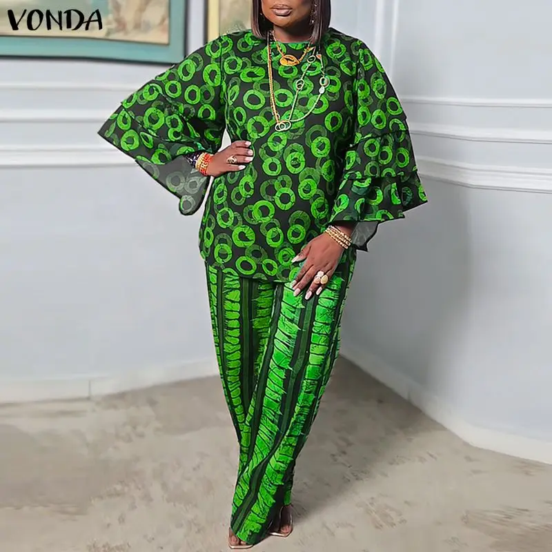 

Plus Size 5XL VONDA Women Pant Sets Bohemian Print 2 Piece Outfits Fashion Long Flare Sleeve Tops and Wide Leg Pants Casual 2pcs