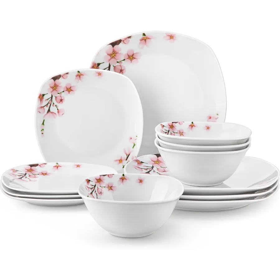 

Porcelain Dinnerware Set with Pink Floral 12 PCS Including Dinner Plates Dessert Plates and Cereal Bowls Series Annie
