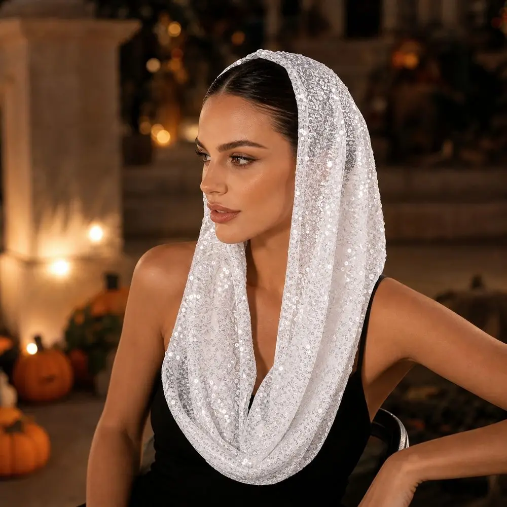 New Lace Sequin Hooded Headscarf Breathable Solid Pullover Hat Lightweight Pullover Hooded Head Wrap Halloween Costumes