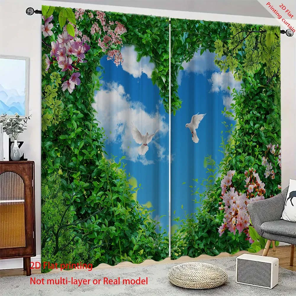 Green plants, flowers, fresh style curtains, home decorations, dreamy wings, swan patterns, dormitory and study sunshades