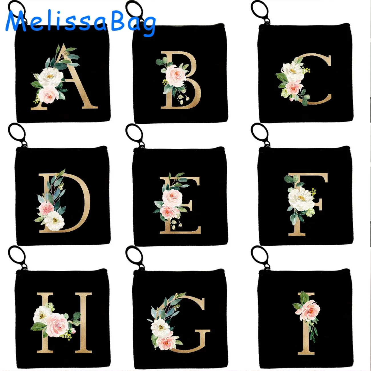 Cute Flower Initial Letter Floral Monogram Gold Wedding Alphabet Gifts Canvas Coin Purse Key Case Small Bags Wallet Zipper Pouch